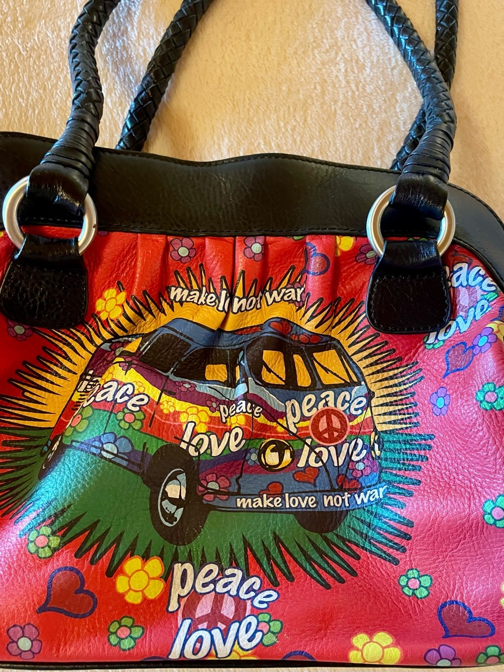 Peace Love Retro Van Print Women’s Tote Bag - Red